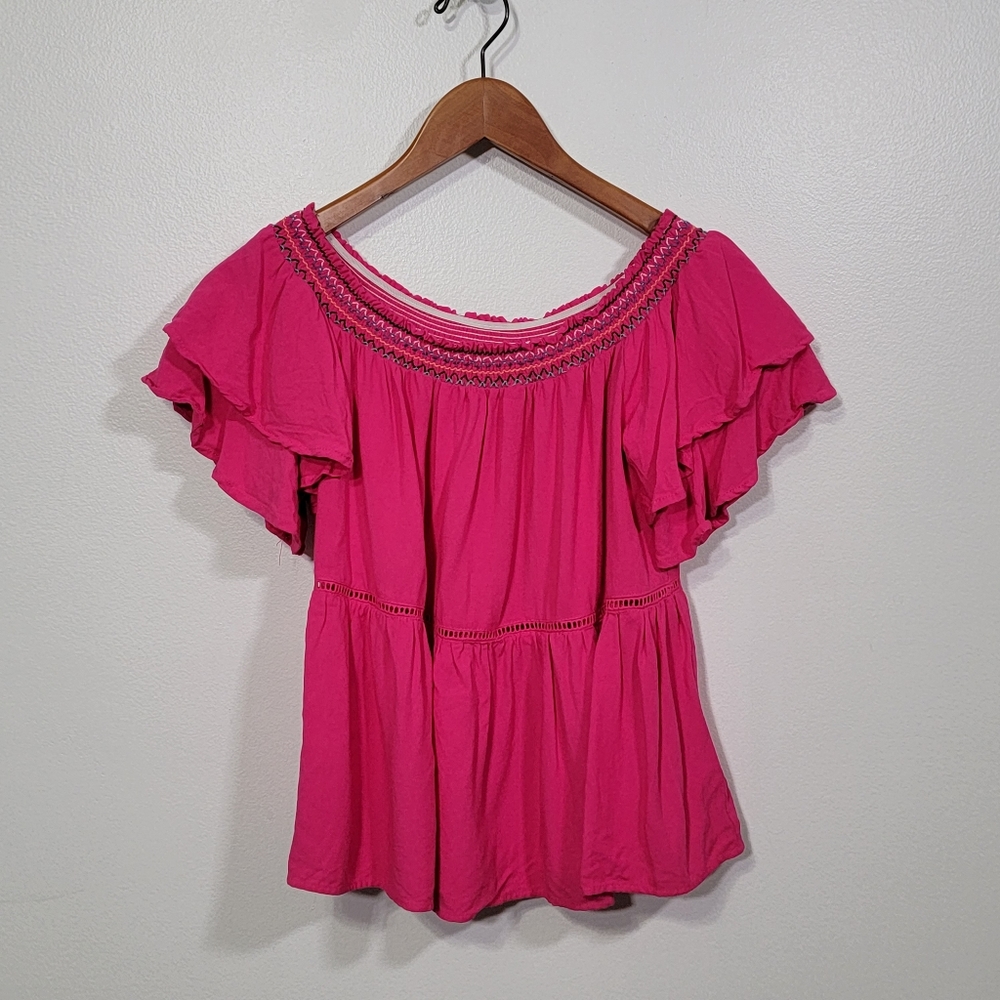 She + Sky Magenta Pink Flutter Off Shoulder Flowy Top Size Medium